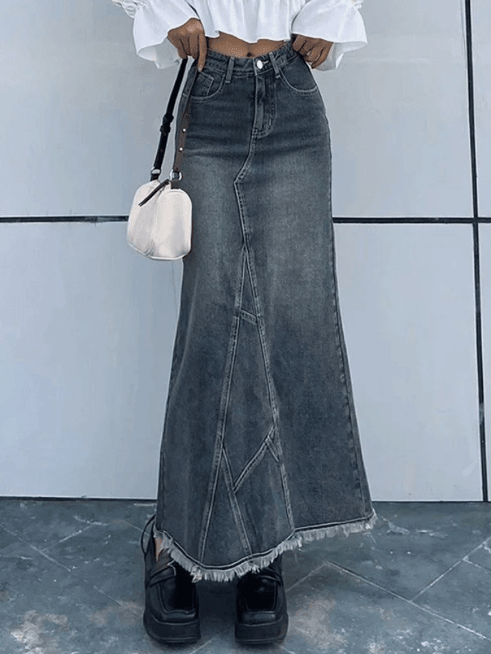 2023 Back Slit Patchwork Long Denim Skirt Blue S in Skirts Online