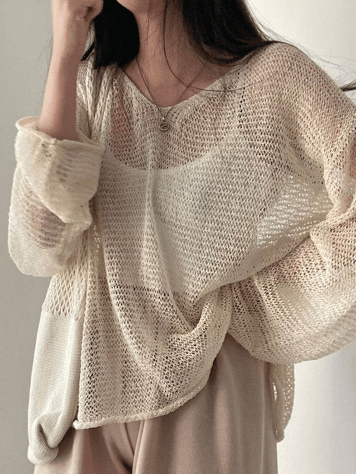 2023 Oversized Long Sleeve Crochet Knit Top Beige ONE SIZE in