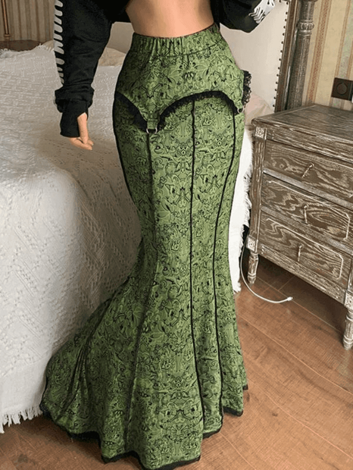 2023 Vintage Mermaid Patchwork Printed Maxi Skirt Green S in