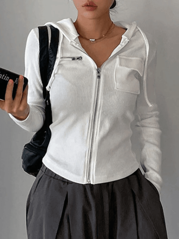 White Zip-Up Hooded Cropped Knit Top – AnotherChill