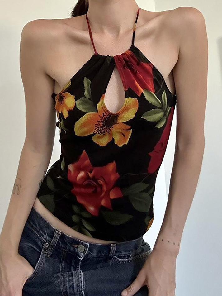 Halter-Neck Floral Print Cut-Out Slim-Fit Crop Cami Top - AnotherChill