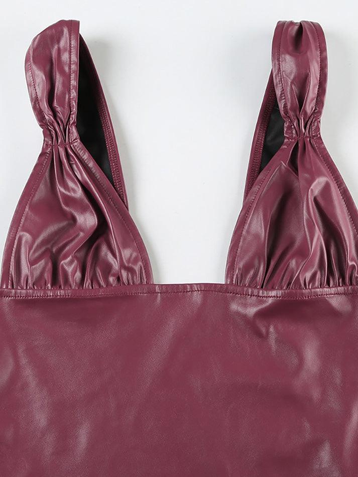 U-Neck Ruched Faux Leather Tank Top