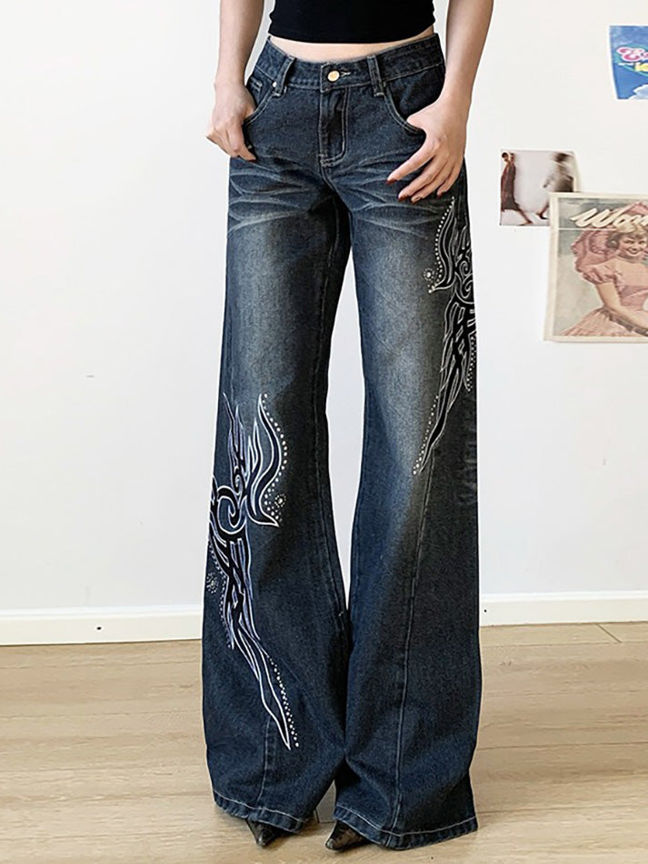 Embroidered Rhinestone Washed Low-Rise Flared Jeans