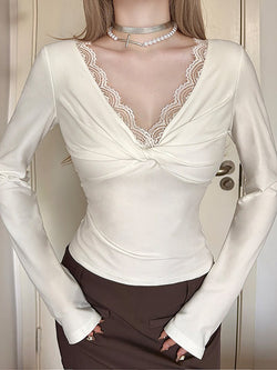 Lace Trim Twist Knot V-Neck Long Sleeve Top