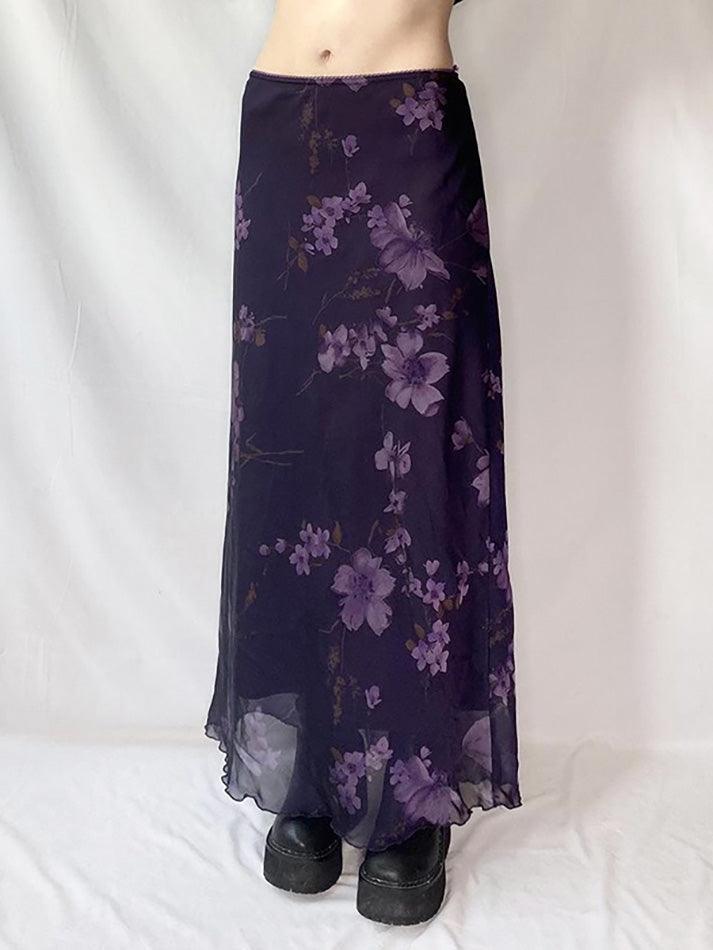 Purple Floral Print Mesh Maxi Dress