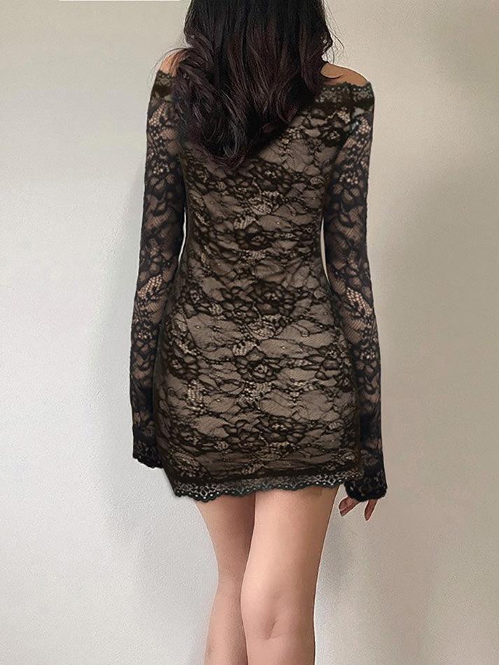 Off-Shoulder Lace Hollow-Out Mesh Mini Dress