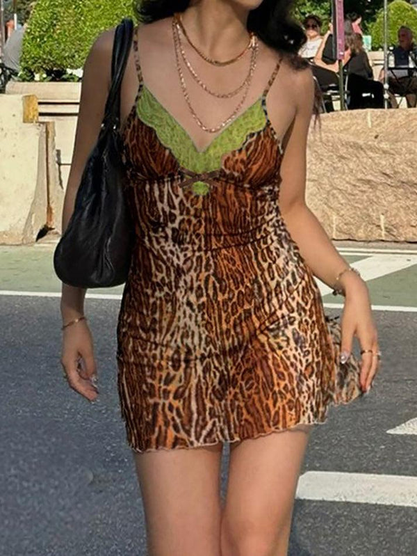 V-neck Leopard Print Halter Mini Dress