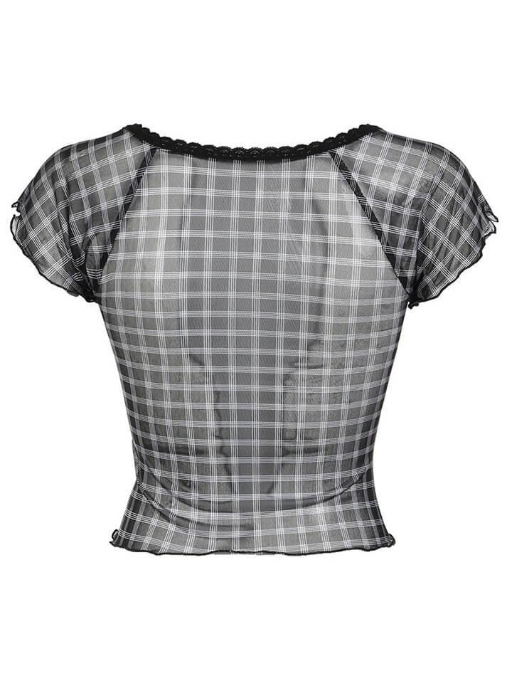 Vintage Plaid Mesh Ruffle Top - AnotherChill