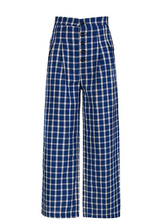 Vintage Blue Plaid Wide Leg Pants