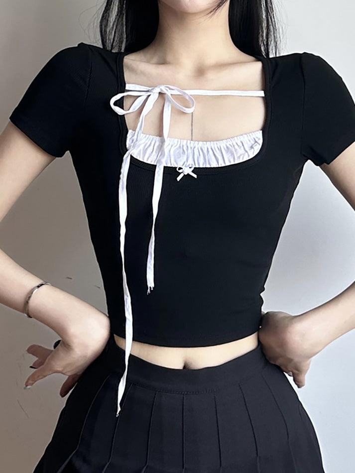 Contrast Stitching Short-Sleeved Square Collar Slim Top - AnotherChill