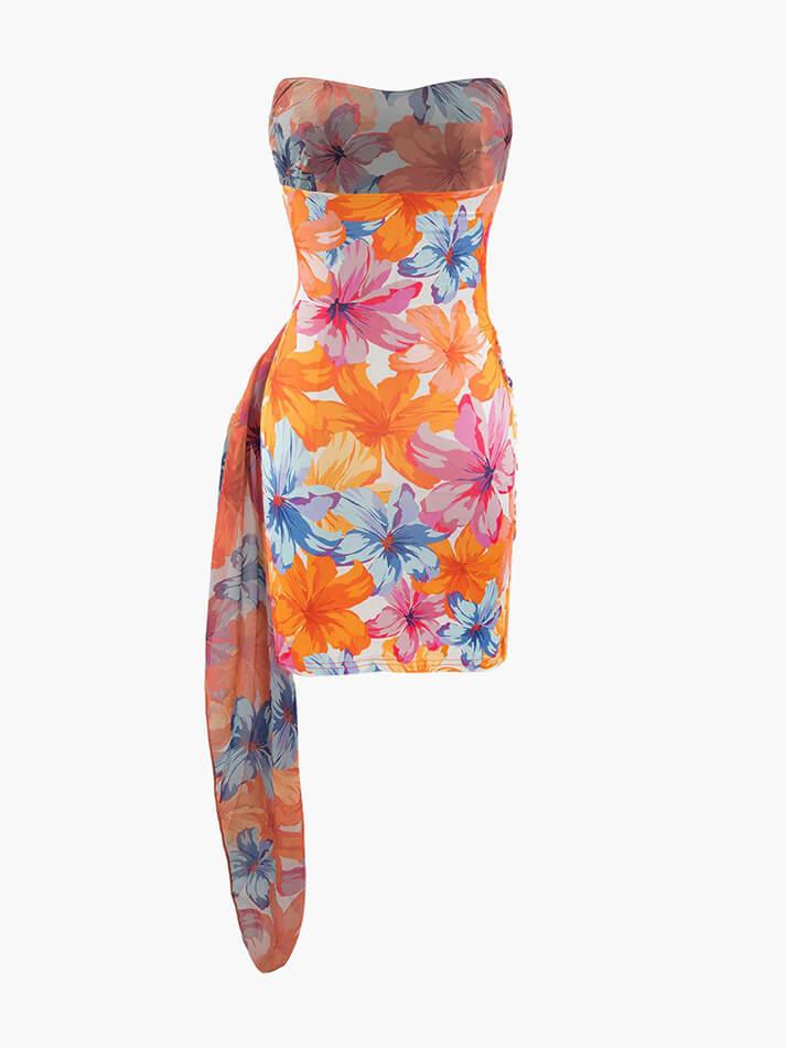 Floral Print Wrap Ruched Strapless Mini Dress - AnotherChill