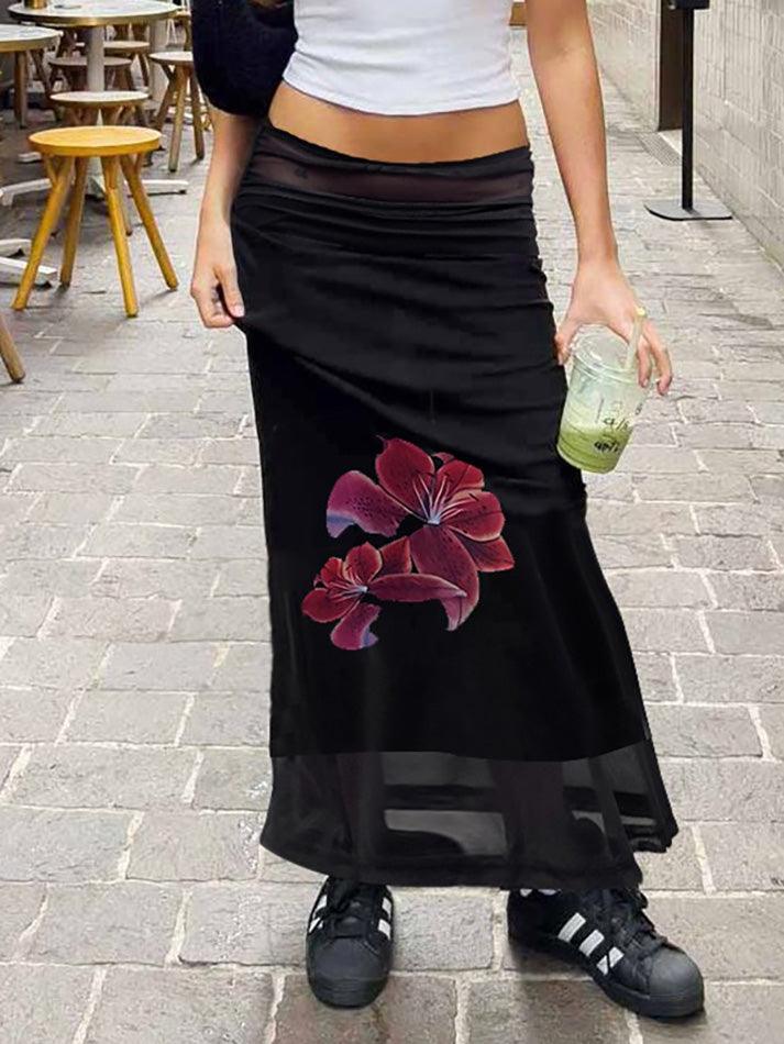 Vintage Floral Print Double-Layer Mesh Maxi Skirts