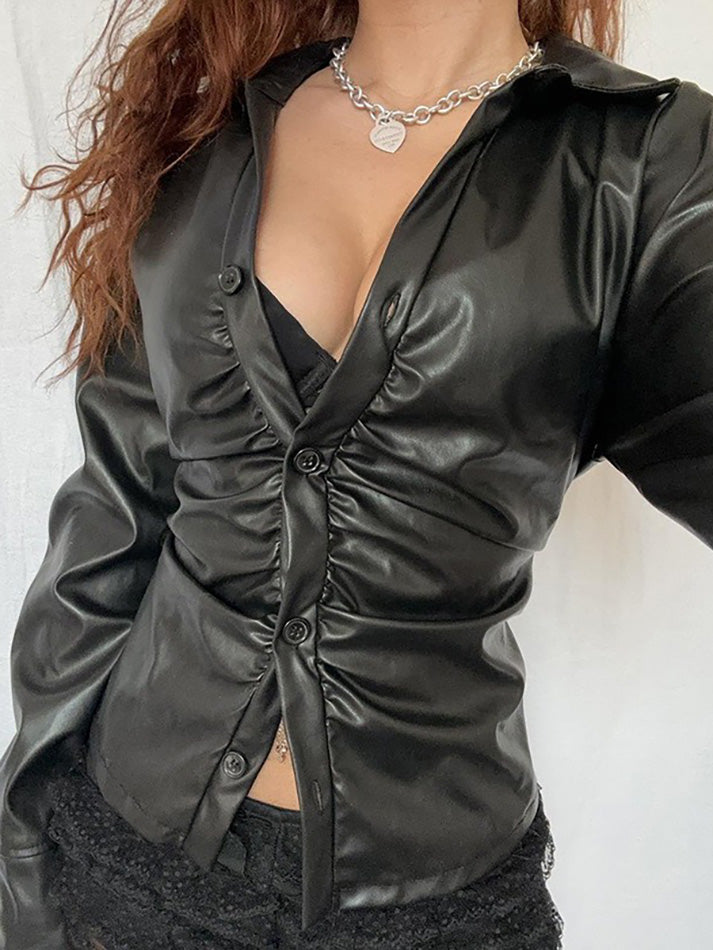 Vintage Ruched Button-Up PU Leather Collared Shirt