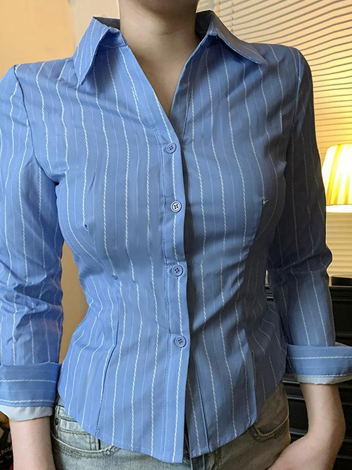 Blue Striped Collared Long Sleeve Shirt