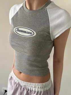 Short Raglan Sleeve Lettering Print Slim-Fit Crop Top - AnotherChill