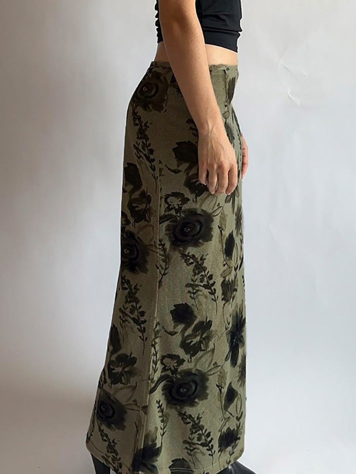 Mid Rise Floral Midi A-Line Skirt