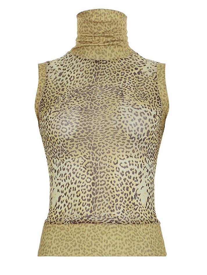 Vintage Leopard Print High-Neck Mesh Patchwork Tank Top