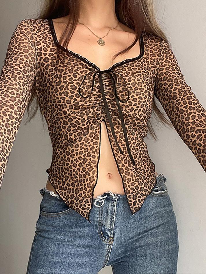 Lace Leopard Print Tie Long Sleeve Top