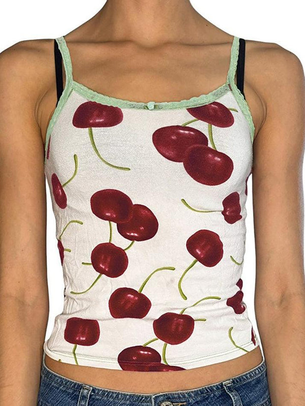 Lace Trim Cherry Print Contrast Tank Top