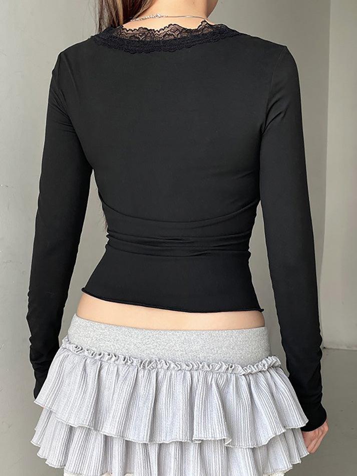 Lace Trim V-Neck Ruched Patchwork  Crop Top