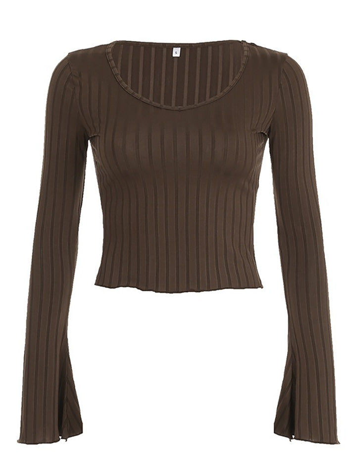 V Neck Ribbed Knit Bell Sleeve Top