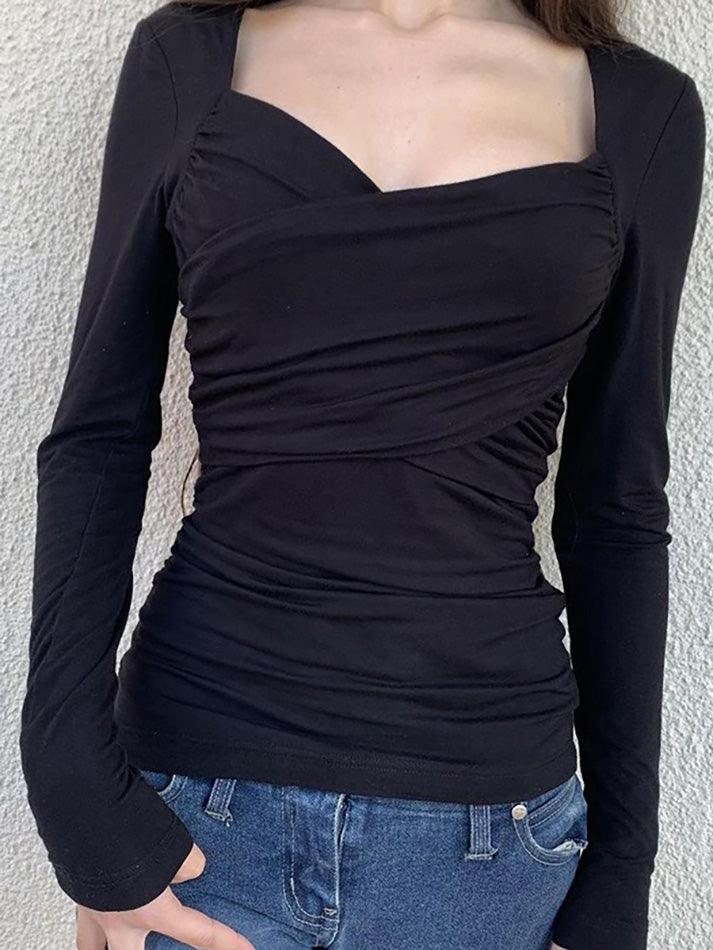 Cross V-Neck Ruched Long Sleeve Top