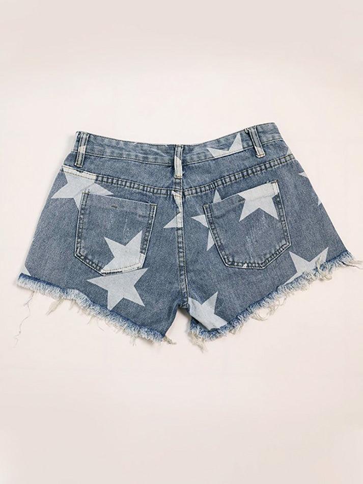 Random Star Print Ripped Low Rise Denim Shorts - AnotherChill