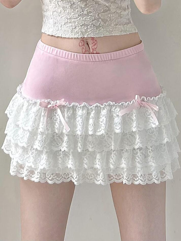 Bow Lace Patchwork Color Clash Skirt - AnotherChill