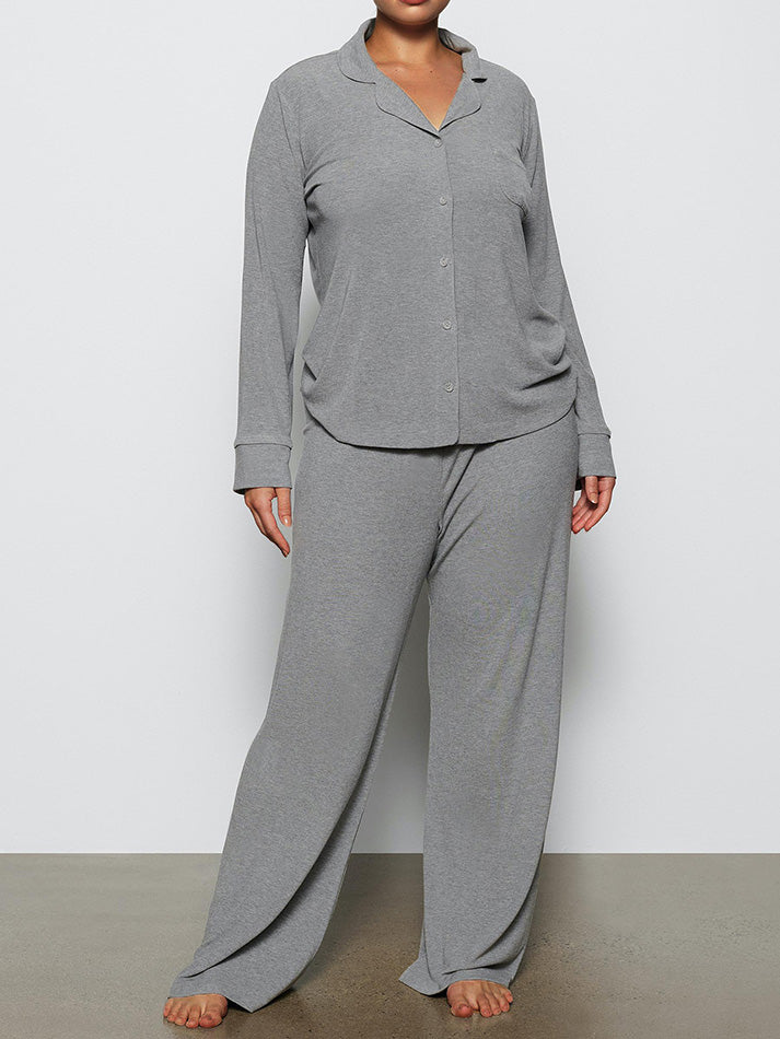 Long Sleeve Button Down Ribbed Knit Pajamas Set