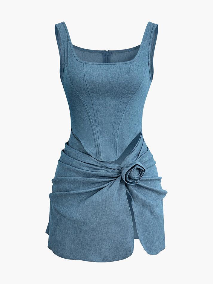 3D Flower Ruched Tank Denim Dress - AnotherChill