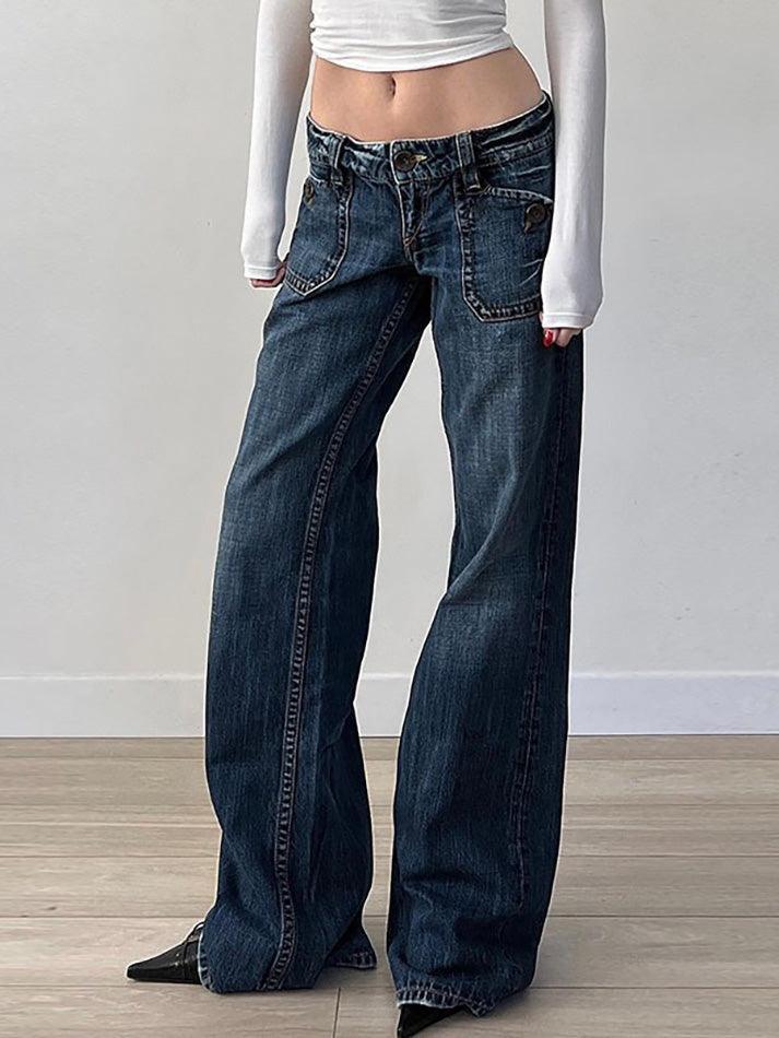 Vintage Pocket Washed Low-Rise Straight-Leg Jeans