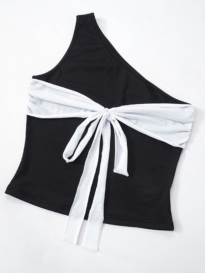 Contrast Asymmetrical Neck Bow Tie Tank Top