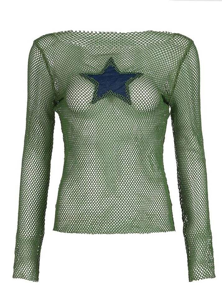 Contrast Star Cutout Mesh Long Sleeve Top