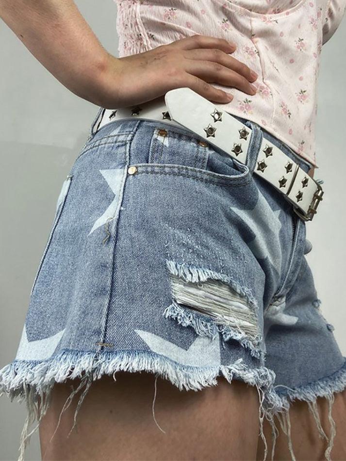 Random Star Print Ripped Low Rise Denim Shorts - AnotherChill