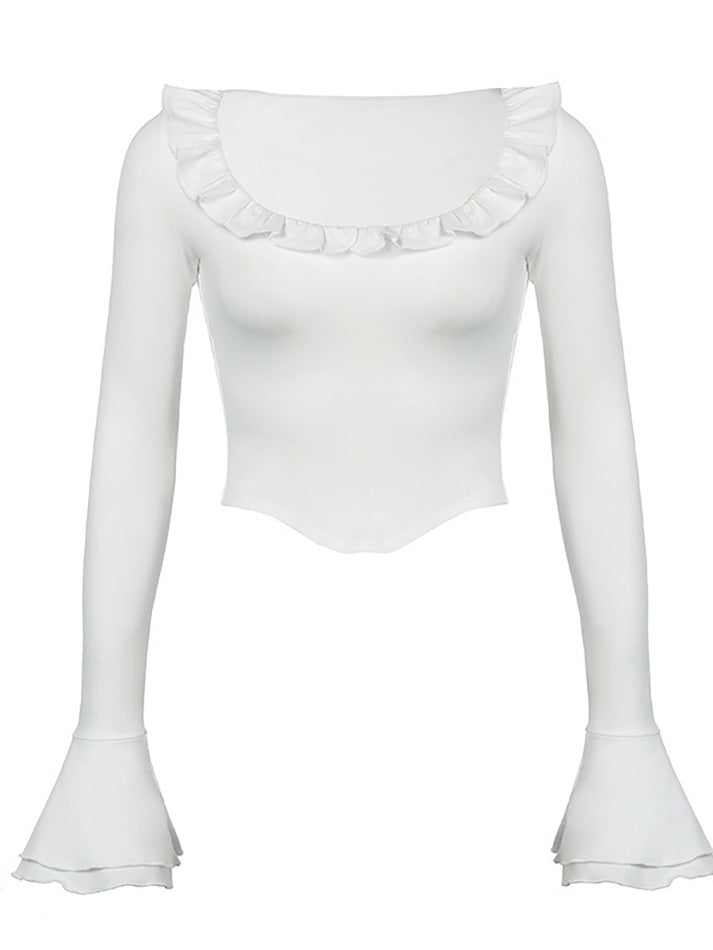 Ruffled Flared Long Sleeve Y2K Crop Top