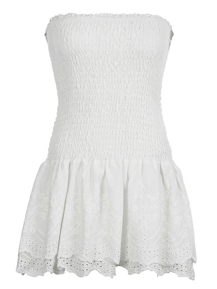 Sleeveless Lace-Trim Plain Pointelle Slim-Fit Mini Dress