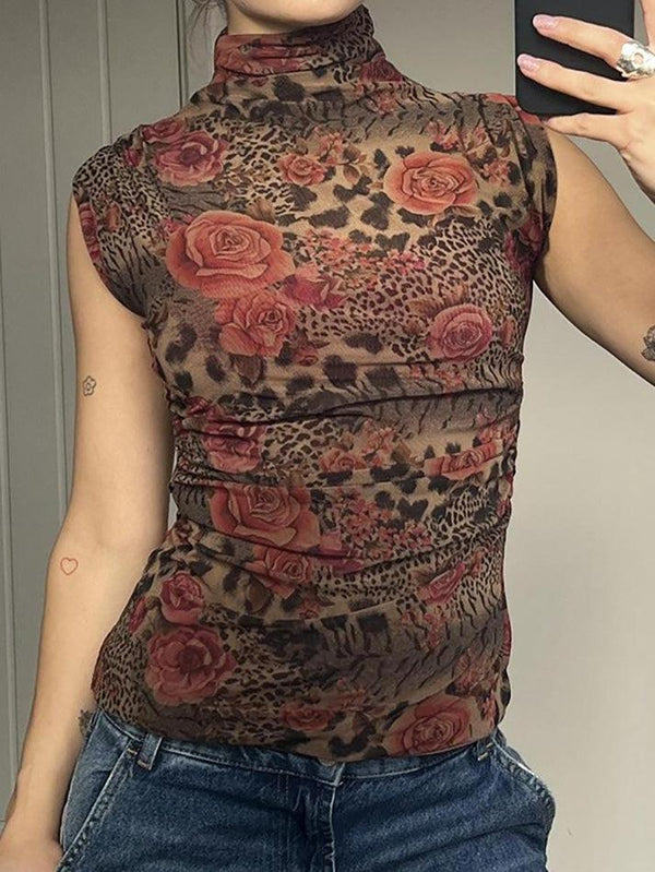 Vintage Floral Print High-Neck Sleeveless Top