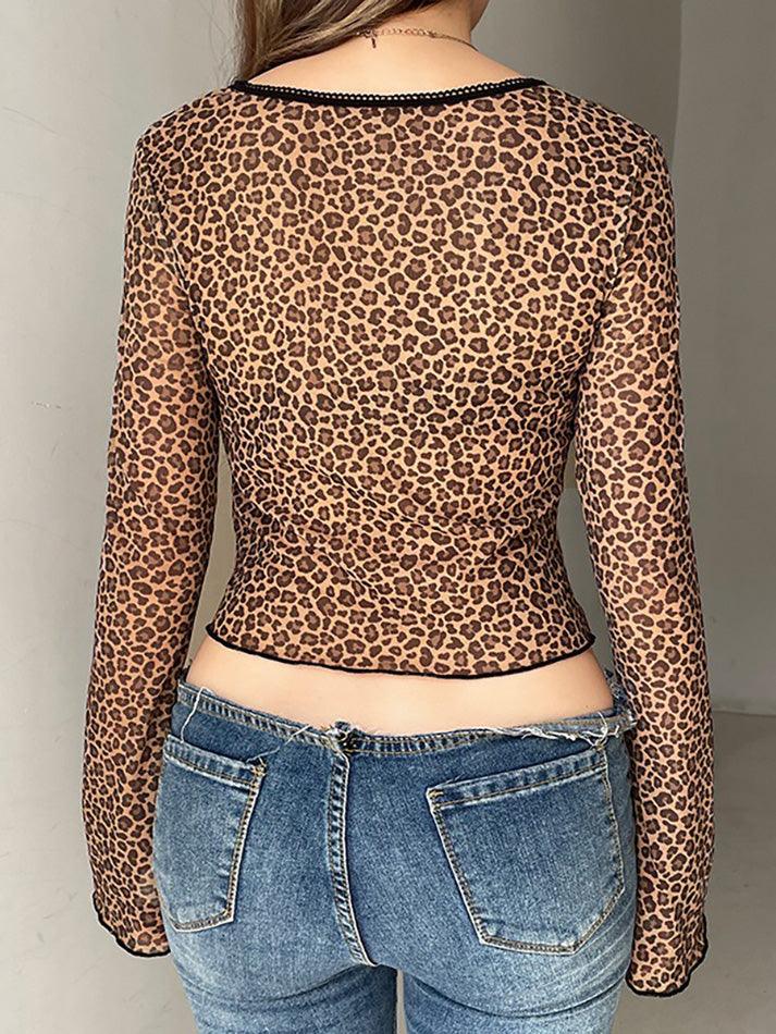 Lace Leopard Print Tie Long Sleeve Top