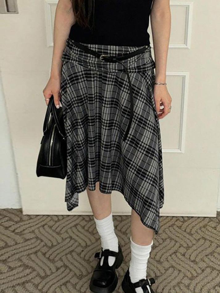 Low Rise Plaid Asymmetric-Hem Midi A-Line Skirt