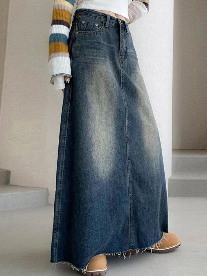 Vintage Washed Denim Maxi Skirt