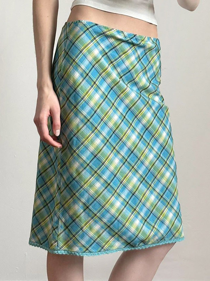 Vintage Lace Trim Contrast Plaid Midi Skirt