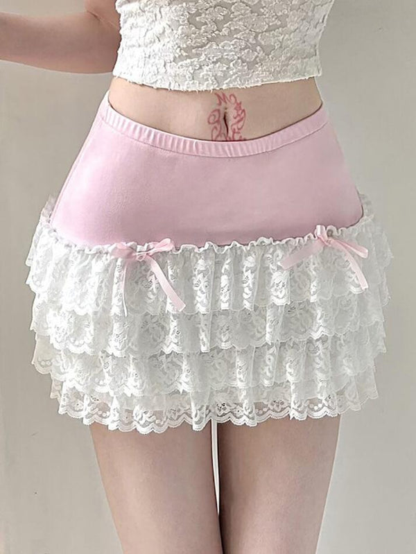Bow Lace Patchwork Color Clash Skirt - AnotherChill