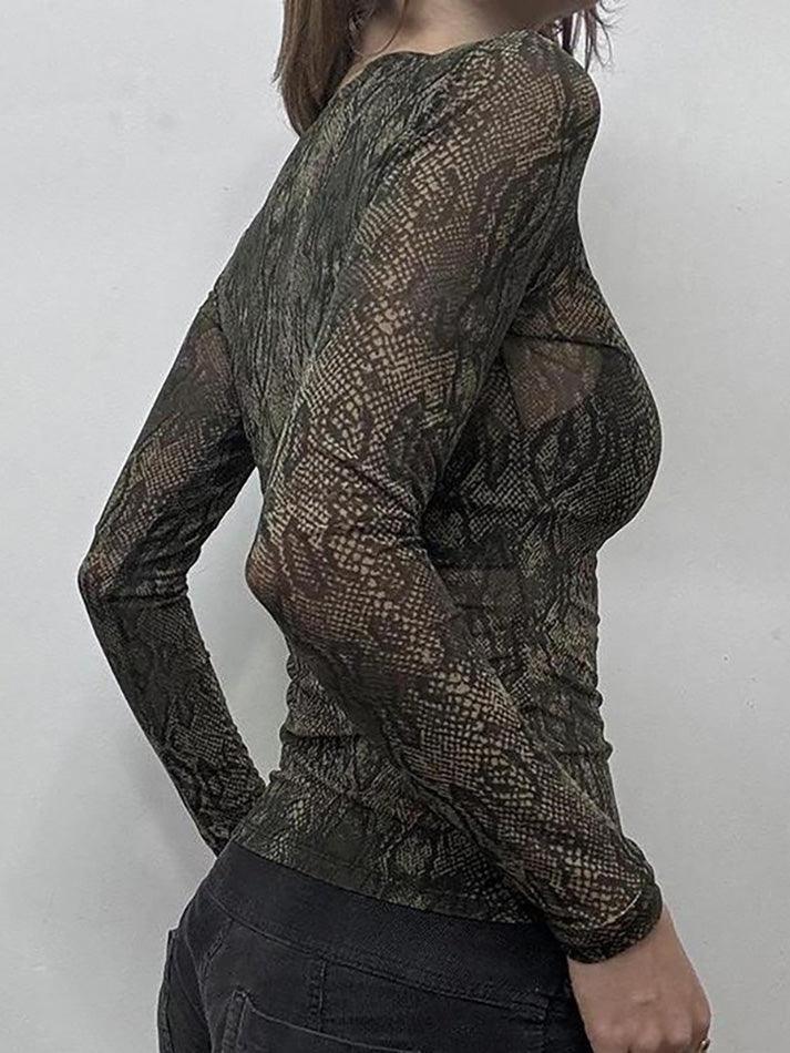 Sheer Snake Print Mesh Long Sleeve Top