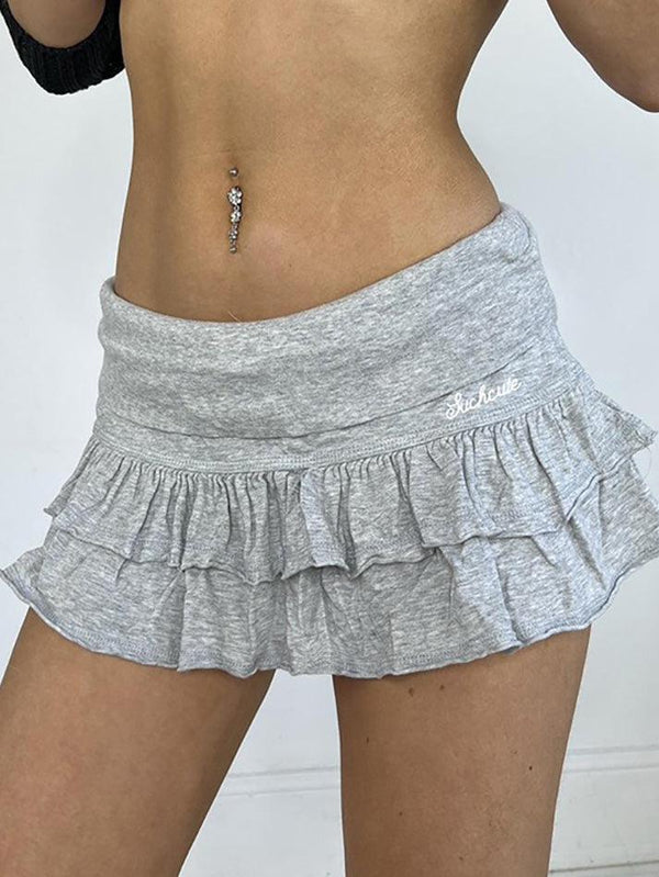 Flanged Low-Waist Small Letter Embroidered Ruffles Mini Skirt - AnotherChill