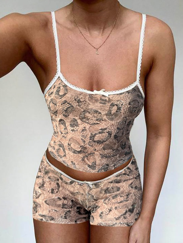 Leopard Print Bow Backless Sheer Lace Set