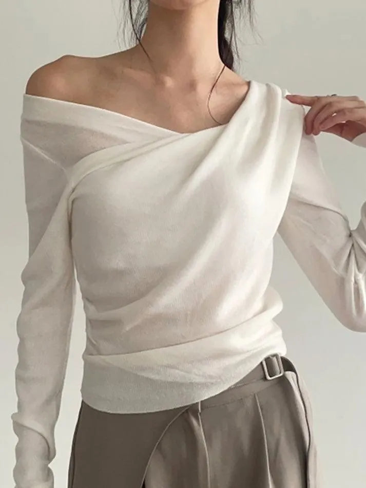 Off-Shoulder Asymmetrical Ruched Solid Long Sleeve Top