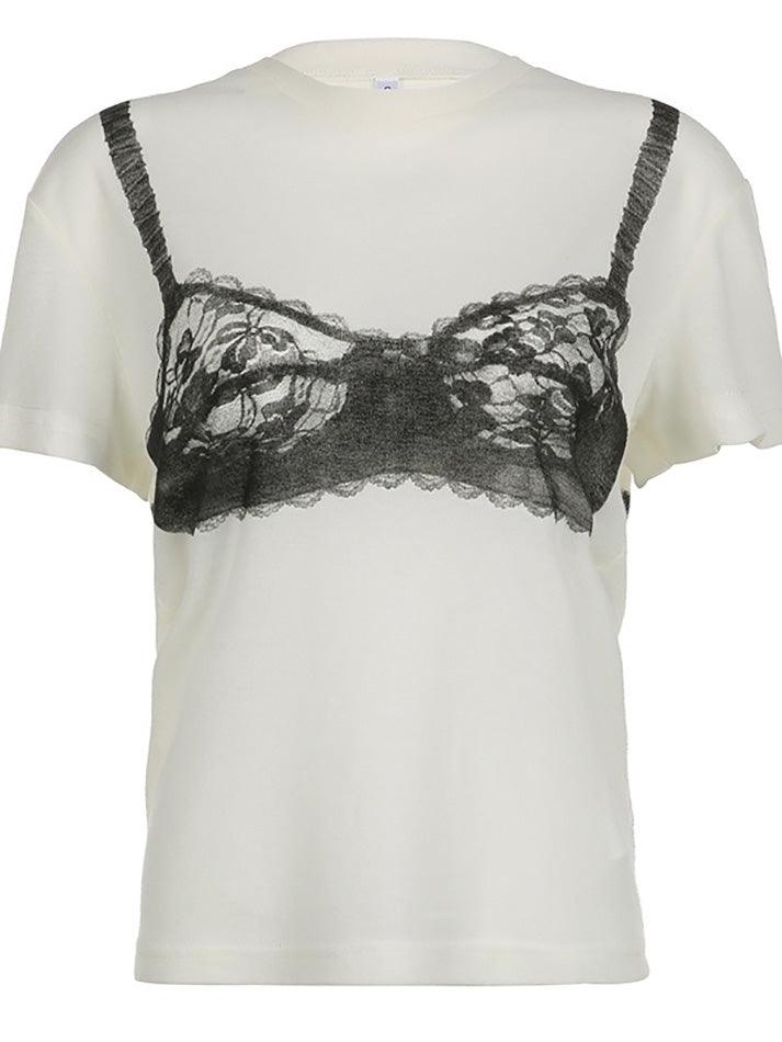 Contrast Lace Sheer Corset Printed Tee - AnotherChill