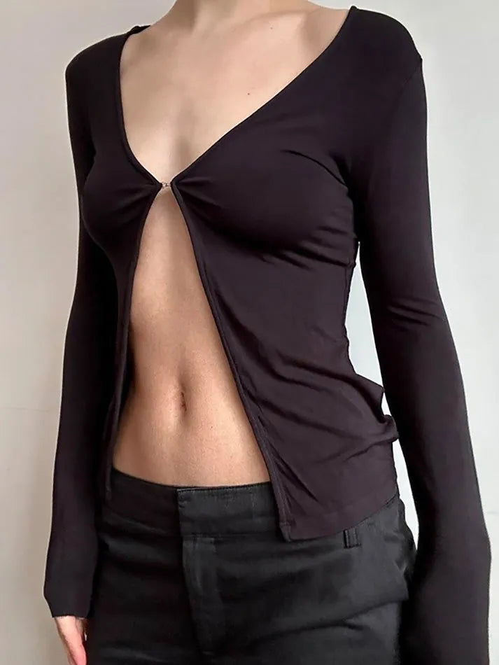 Solid V-Neck Split Slim Long Sleeve Top