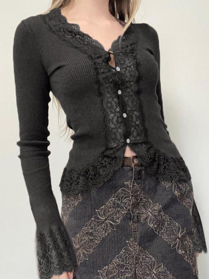 Vintage Lace Trim Sheer Knit Top