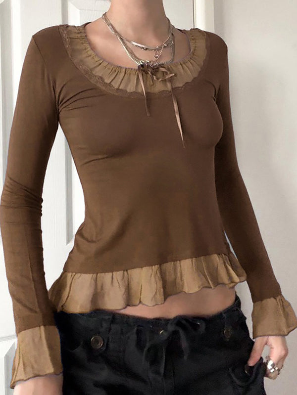 Lace Contrast Long Sleeve Top